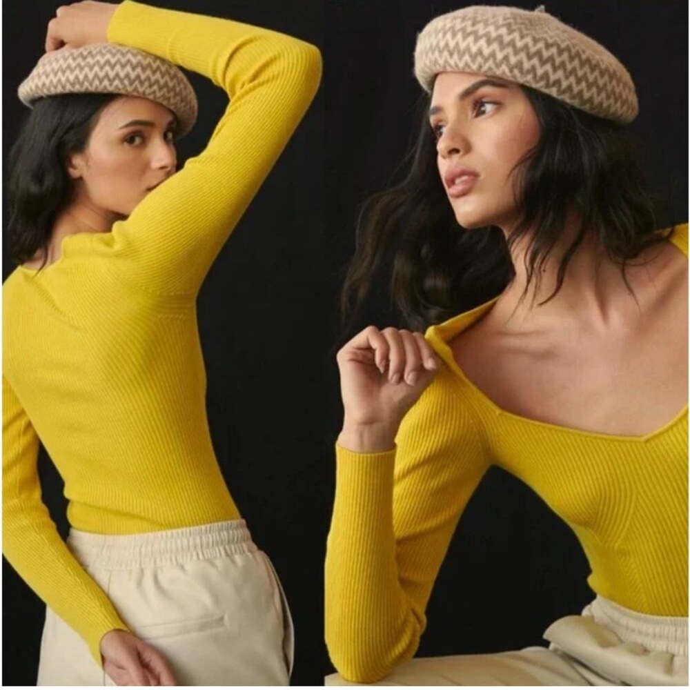 Mustard Anthropologie Sweetheart Ribbed Sweater